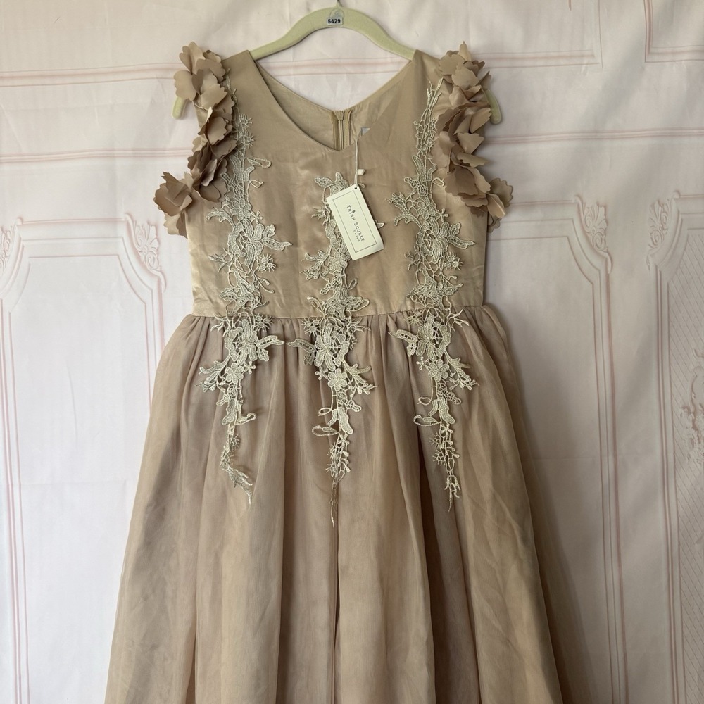 Trish Scully Child Gold Tulle Dress with Floral Appliqué Lace Overlay Sz 14 NWT